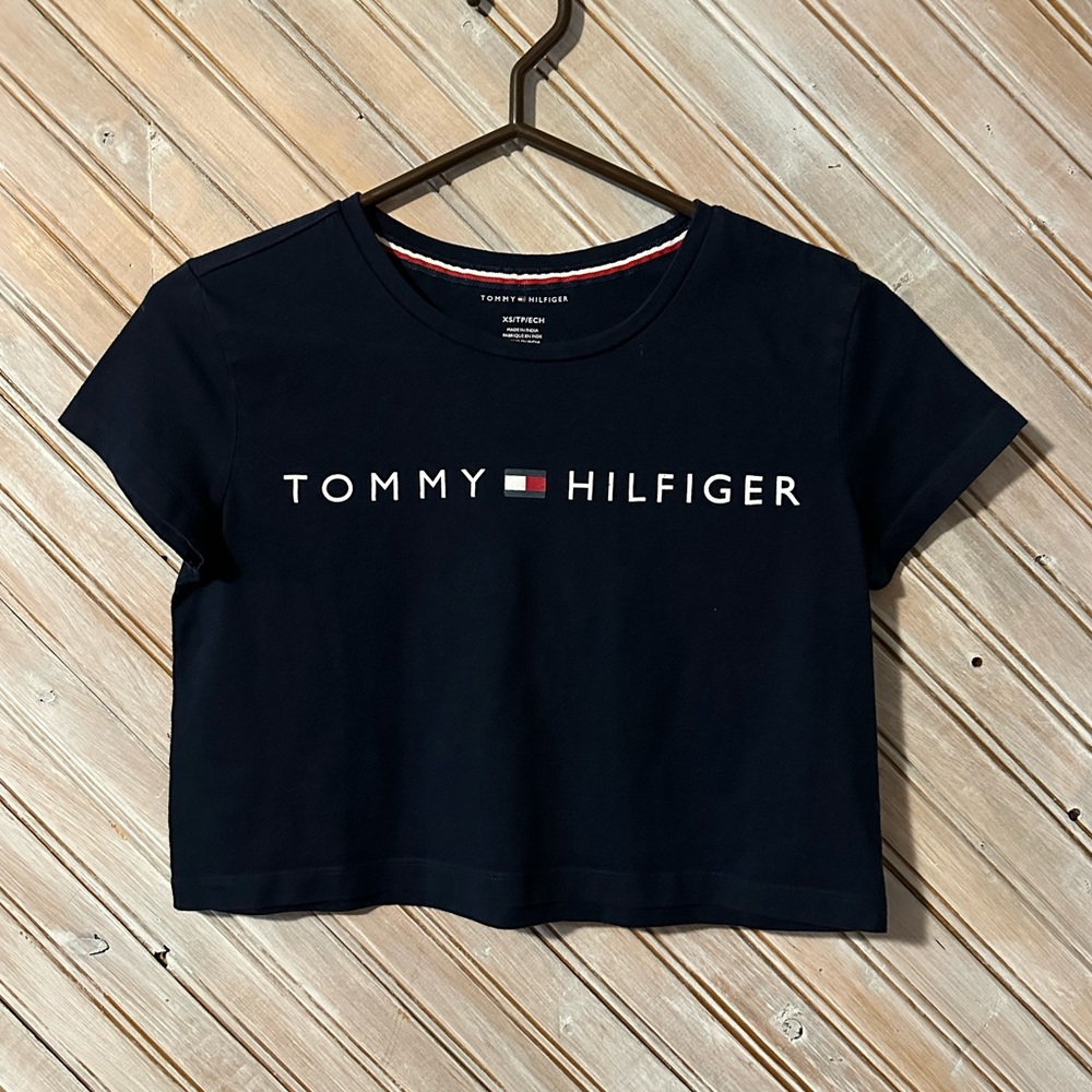 Tommy Hilfiger Navy Blue Logo Crop Top T Shirt Preppy Graphic Casual
